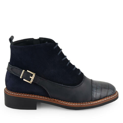 Botín plano azul combinado ante y piel en cuero con hebilla lateral edición limitada paparazzo