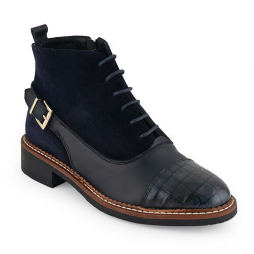 Botín plano azul combinado ante y piel en cuero con hebilla lateral edición limitada paparazzo