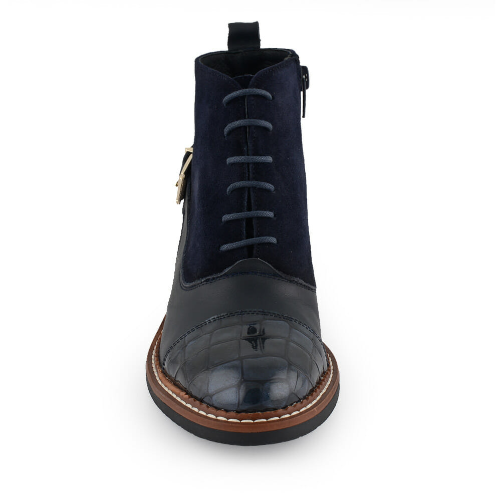 Botín plano azul combinado ante y piel en cuero con hebilla lateral edición limitada paparazzo Botín plano azul combinado ante y piel en cuero con hebilla lateral edición limitada paparazzo