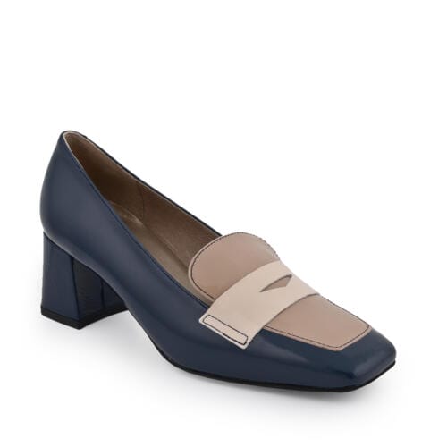 zapato clásico señora beige y azul marino tacón ancho calzado exlusivo para mujer valladolid